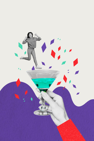 Vertical collage image of black white effect arm hold cocktail glass mini girl jump point fingers self herself isolated on painted backgroundの写真素材