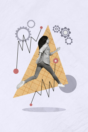 Vertical creative photo composite collage of energetic woman run at work to implement business ideas isolated on drawing backgroundの写真素材