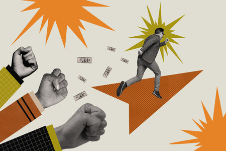 Collage of black white colors people arms fists mini running man dollar banknotes bills arrow direction pointer isolated on painted backgroundの写真素材