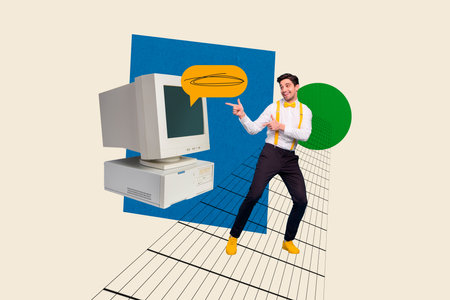 Magazine picture sketch collage image of smiling guy communicating vintage computer isolated beige...
