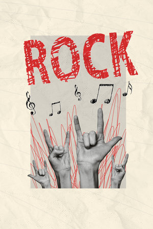 Collage artwork graphics picture of friends rising arms enjoying hard rock gesture isolated painting backgroundの写真素材
