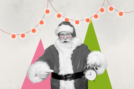 Cartoon comics collage picture of impressed shocked santa showing new year time coming isolated grey color backgroundの写真素材