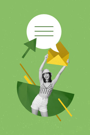 Vertical composite collage of young funky woman summer outfit hold email letter button icon read message isolated on green backgroundの写真素材