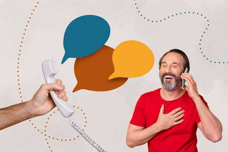 Magazine picture collage of cheerful happy mature guy speaking pnone listening speaker isolated on drawing 3d backgroundの写真素材