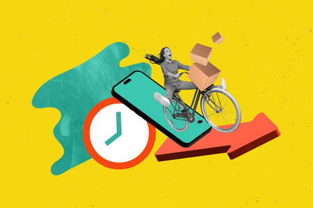 Creative ad collage of funky young woman delivery courier deadline express ride bicycle order boxes isolated on yellow backgroundの写真素材