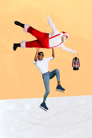 Vertical collage of impressed person ice skating arms hold heavy grandfather santa retro gas lamp christmas fairy isolated on beige backgroundの写真素材