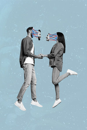 Sketch poster collage of nice beautiful couple hold hands spending time together isolated on drawing blue backgroundの写真素材