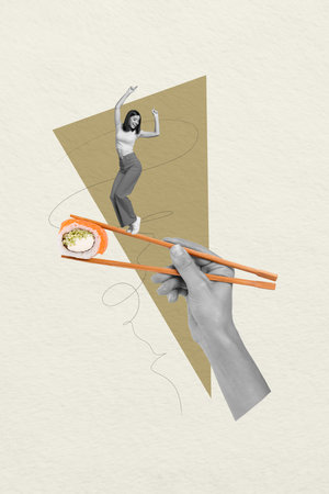 Composite collage picture image of young female celebrate dance hand hold sushi cook eat food surrealism template metaphor artwork conceptの写真素材