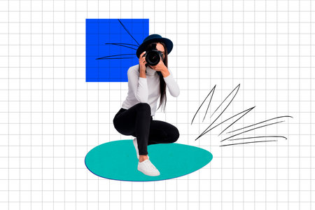Abstract collage image of charming professional photographer filming photographing you isolated on drawing backgroundの写真素材