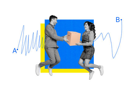 Picture collage poster of happy people celebrate valentine day give receive gift carton box isolated on drawing backgroundの写真素材