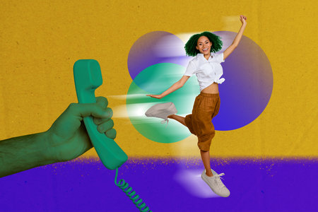 Creative photo template collage of funny running girl holding telemarketing phone call center assistant isolated on drawn backgroundの写真素材