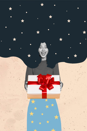 Vertical collage of black white colors impressed girl hands hold receive desirable new year giftbox night stars isolated on creative backgroundの写真素材