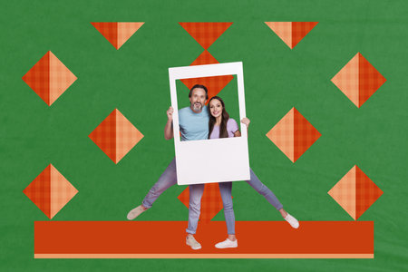 Picture photo 3d collage of cheerful beautiful people photographing valentine day party isolated on green drawing backgroundの写真素材
