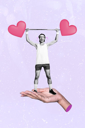 Image sketch 3d collage of arm hold support sporty strong man raising kettlebell isolated on drawing backgroundの写真素材