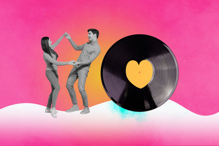 Poster brochure collage of cheerful people dancing together celebrating anniversary isolated on drawing pink backgroundの写真素材