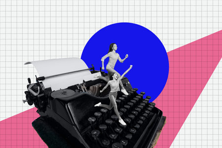 Collage creative picture of miniature funny girls running on retro keyboard doing homework essay isolated on checkered white backgroundの写真素材