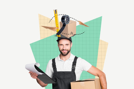 Portrait picture collage of positive deliveryman in black uniform carrying your carton box hold...