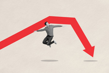 Collage photo of young handsome funny guy jumping air playing with market share prices bankrupt graphics isolated on beige backgroundの写真素材