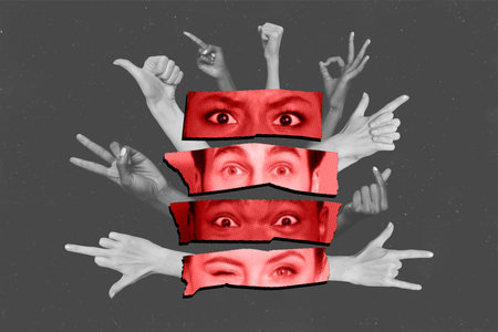 Photo collage artwork minimal picture of different people emotions showing various arm fingers gestures isolated grey color backgroundの写真素材