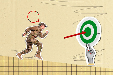 Collage picture image of strong purposeful woman soldier running forward goal hand hold darts board...