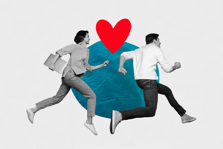 Artwork magazine collage picture of hurrying black white visual effect couple running valentine day party isolated drawing backgroundの写真素材
