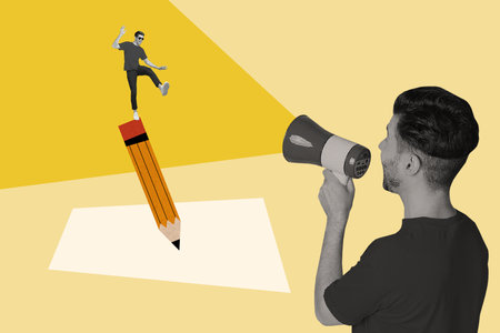 Abstract template graphics collage image of excited leader screaming guy walking pencil drawing picture isolated yellow color backgroundの写真素材