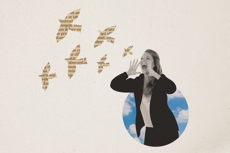 Photo cartoon sketch collage picture of screaming lady announcement flying newspaper birds isolated...