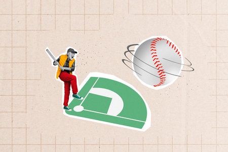 Picture collage of cheerful happy old man playing baseball game hobby sport activity isolated on...