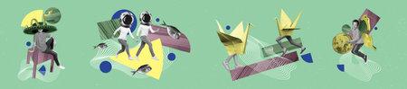 Multiple panorama collage of man sombrero snake couple cosmonaut explore planet paper handmade birds absurd schoolboy flying butterfly wingsの写真素材