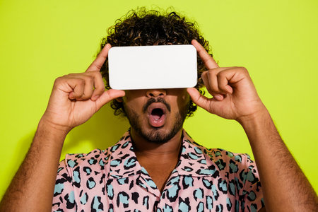 Photo portrait of nice young male hold gadget cover face dressed stylish pink leopard print garment isolated on yellow color backgroundの写真素材