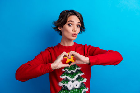 Photo of flirty adorable woman santa elf wear ornament x-mas pullover sending kiss showing arms heart isolated blue color backgroundの写真素材