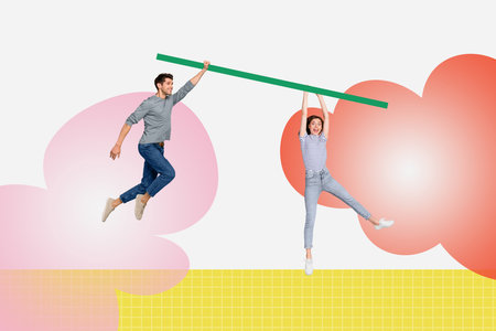 Sketch banner 3d collage of two people going jumping up working together carrying stick isolated on...