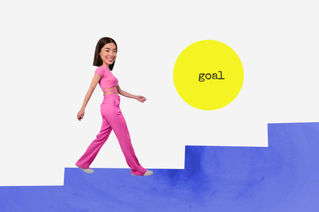 Poster 3d collage of happy charming woman going forward goal reach achieving success isolated on...