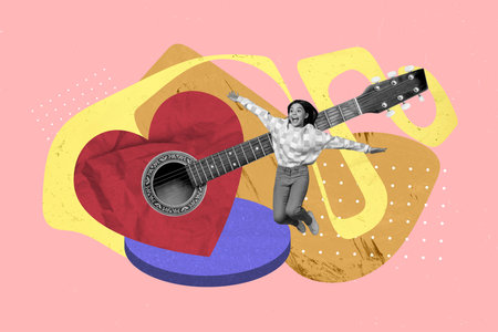 Creative collage image of excited mini black white effect girl flying big heart symbol guitar isolated on painted pink backgroundの写真素材