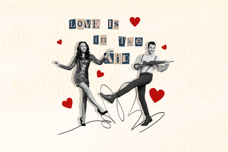 Collage pinup pop image of funky carefree couple dancing enjoying love in the air isolated beige...