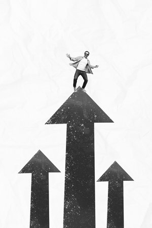 Vertical collage image of positive mini black white effect man dancing top big arrow pointer upwards isolated on paper backgroundの写真素材