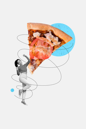 Composite collage image of excited energetic positive dancing female hold pizza slice celebrate freak bizarre unusual fantasy billboardの写真素材