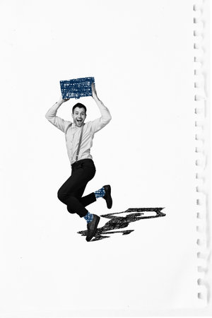 Vertical collage creative picture of funky guy gentleman jumping hold hand drawn scribble cube...