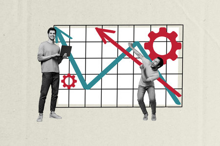 Creative abstract template collage two happy employee businessman team working together data results unusual fantasy billboard comics zineの写真素材