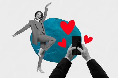 3d creative artwork template collage of boyfriend arms tacking photo cell phone dancing girlfriend isolated white color backgroundの写真素材