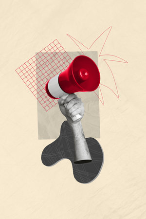 Vertical creative photo composite collage of human arm hold louudspeaker announcing big season sale isolated on drawing backgroundの写真素材