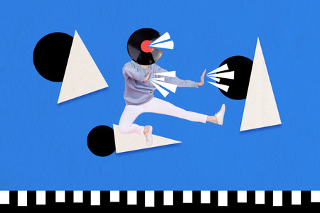 Creative trend collage of funny young listen music female dancing disco jump vinyl record instead...