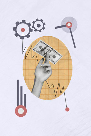 Vertical collage image of black white effect arm fingers hold dollar bill banknote graph stats cogwheel gear isolated on paper backgroundの写真素材