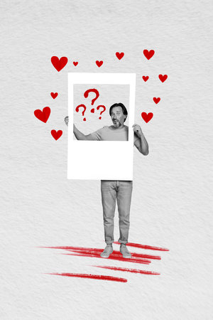 Vertical collage picture of questioned black white colors man arms hold paper album set card drawing...