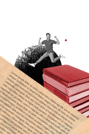 Poster artwork collage of cheerful happy successful man rejoicing sale discount bookstore isolated on drawing backgroundの写真素材