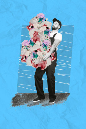 Vertical collage picture of black white colors garbage man arms hold pile stack plastic trash isolated on paper blue backgroundの写真素材