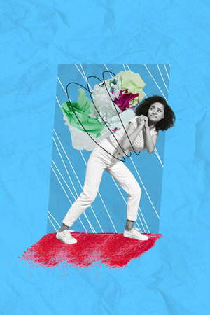 Image collage of responsible girl going carrying garbage caring about planet nature isolated on...