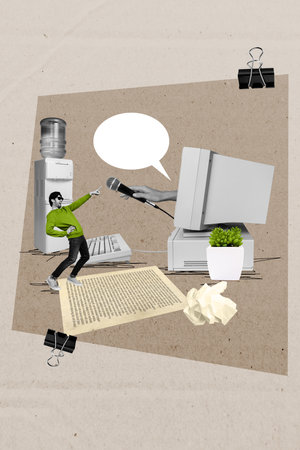 Vertical collage poster of funny young worker man in office room recording podcast talking to microphone isolated on beige backgroundの写真素材