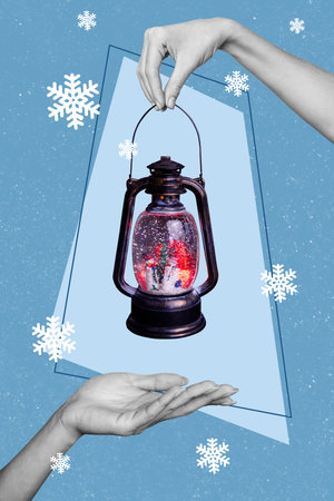 Vertical picture collage of two female or male hands hold decorative lantern new year preparation miracle magic timeの写真素材