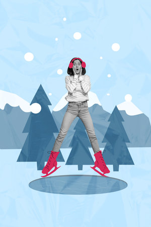 Image postcard collage of amazed shocked girl skating outdoors winter snowy cold weather isolated on painted backgroundの写真素材